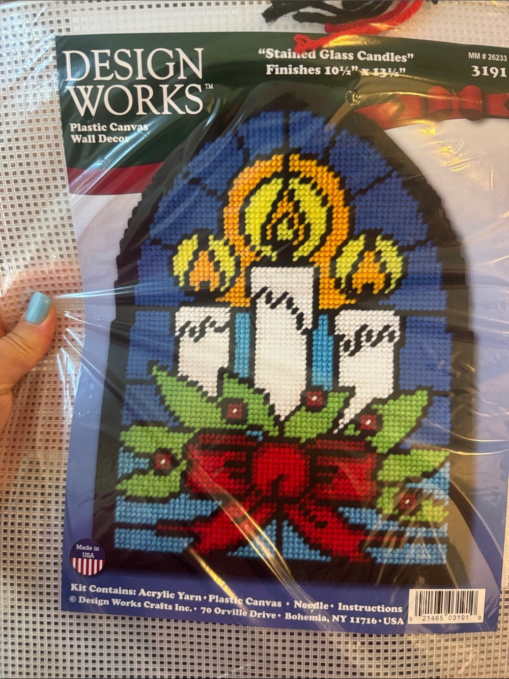 Blue & Red Stained Glass Candles Plastic Canvas cross stitch needle point